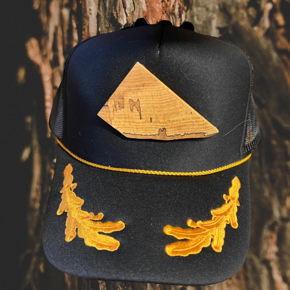 Black and Gold Trucker Cap Hard Wood Trucker 🪵